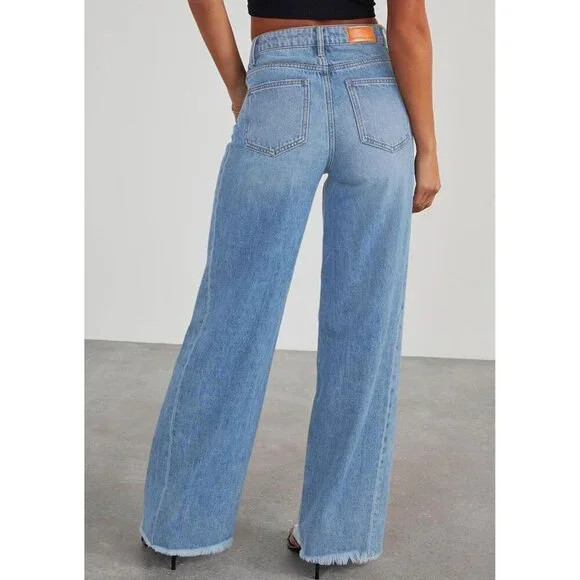 Wide Leg Jeans Women High Waisted Stretchy Baggy Raw Hem Denim Palazzo - Picture 3 of 5